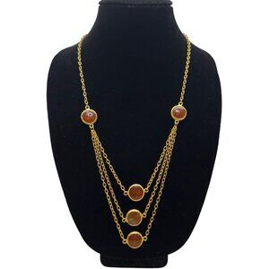 Three-Tiered Gold Tone Necklace With Amber Stone Accents 30 Inches Long Statemen